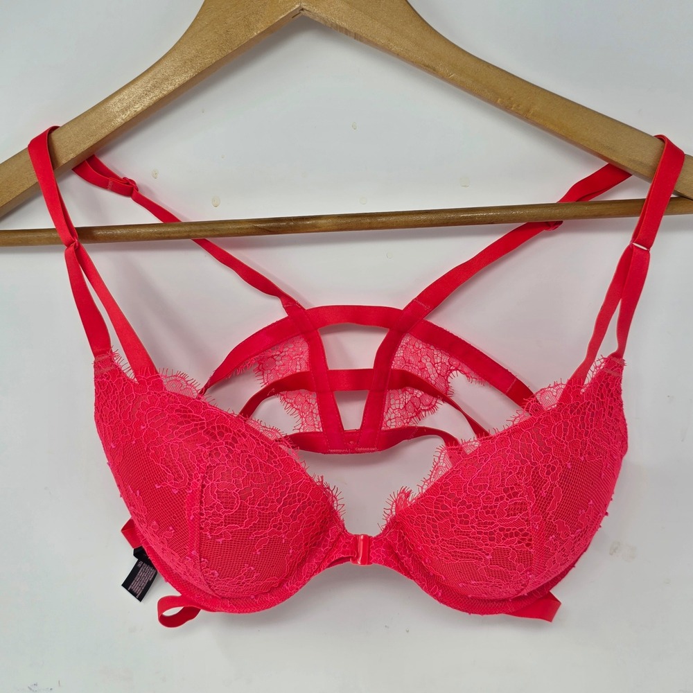 Victoria Secret Sexy Illusions Push-Up Bra 34C Pink Lace Strappy Cage Back